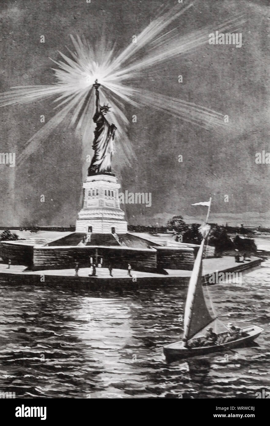 Scène de nuit à la Statue de la liberté, vers 1890 Banque D'Images
