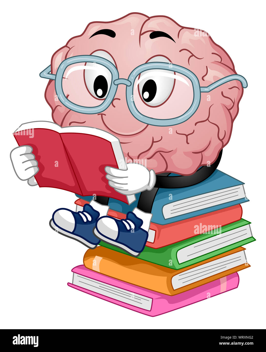 Illustration d'un cerveau Mascot assis sur une pile de livres et de la lecture l'un Banque D'Images