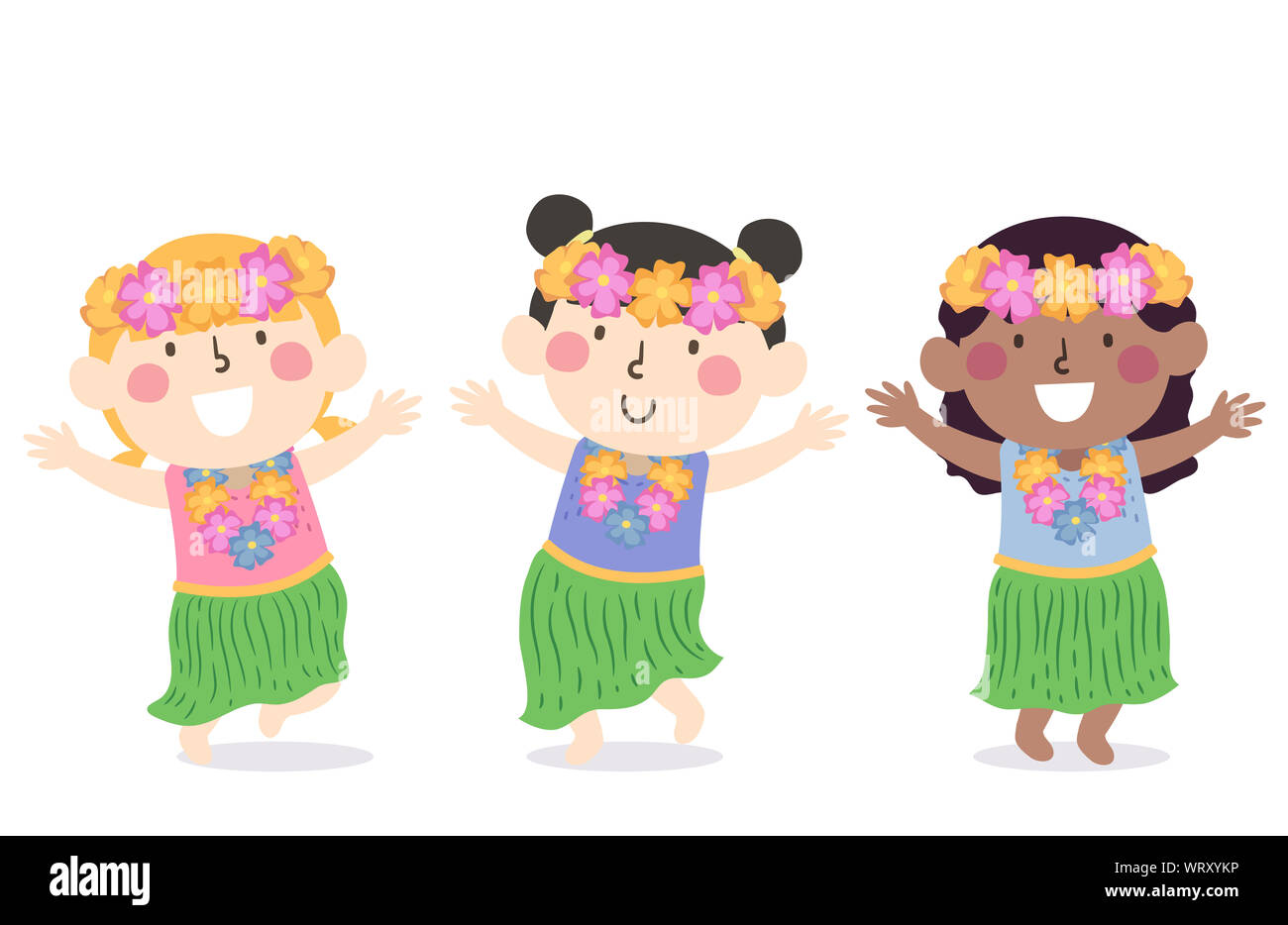 Illustration d'enfants portant le costume hawaïen avec collier de fleurs et coiffure Banque D'Images