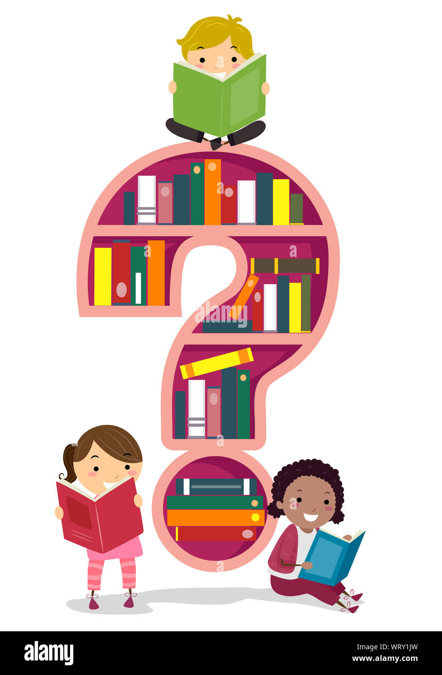 Illustration de Stickman Kids lire un livre avec un livre en forme d'Interrogation Durée Banque D'Images