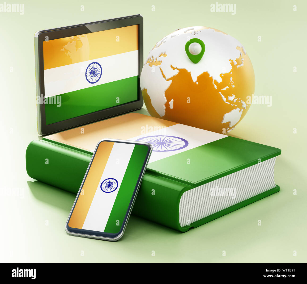 Dictionnaire, smartphone et tablet pc avec drapeau de l'Inde le long de la planète. 3D illustration. Banque D'Images