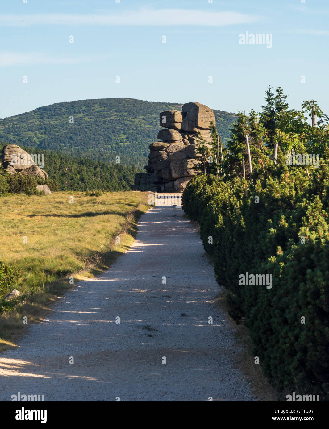 Svinske kameny Szrenica Hill dans les roches ci-dessous sur les montagnes de Krkonose République Tchèque - frontières polonaises au cours de soir d'été avec un ciel clair Banque D'Images
