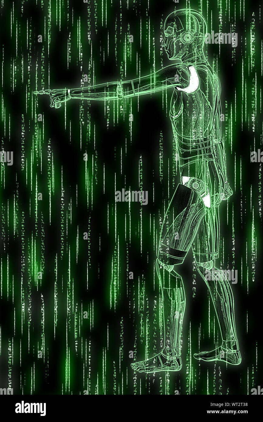 Matrice abstraite fond vert avec des humanoïdes et de code en continu. Banque D'Images