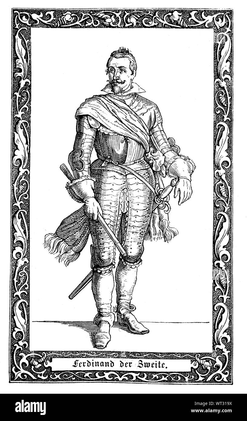 Ferdinand II, membre de la maison de Habsbourg, empereur du Saint Empire romain était, roi de Bohême et Roi de Hongrie. Ferdinand II, 1578-1637, von 1619 bis zu seinem Tode Kaiser des Heiligen Römischen Reiches, amélioration numérique reproduction d'une illustration du xixe siècle Banque D'Images