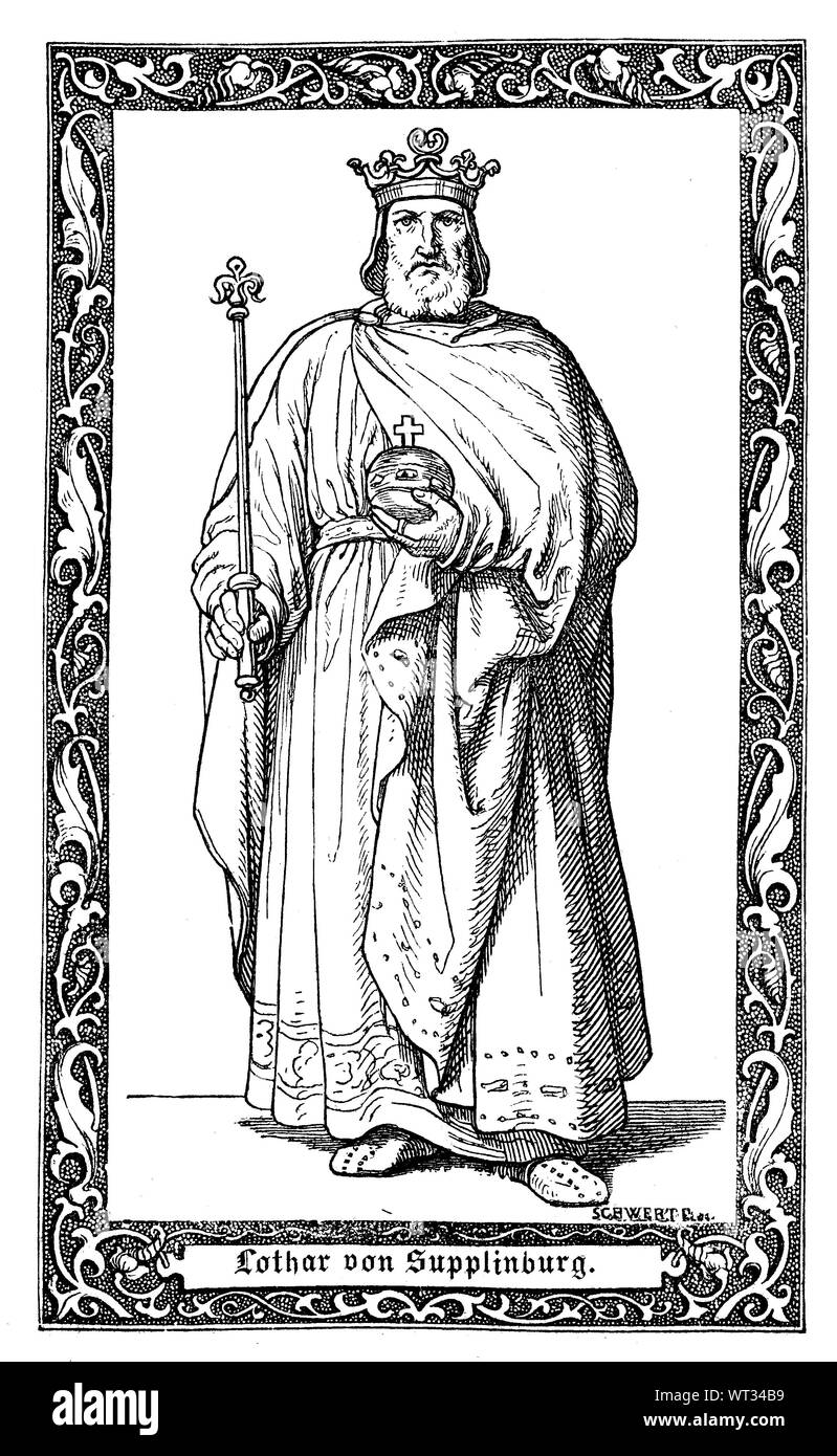 Lothaire III, connu sous le nom de Lothaire de Supplinburg, était Saint Empereur Romain de 1133 jusqu'à sa mort. Lothar III., Lothar von Süpplingenburg, Supplinburg, 1075-1137, ab 1125 König und von 1133 bis 1137 Kaiser des römisch-deutschen Reiches, amélioration numérique reproduction d'une illustration du xixe siècle Banque D'Images
