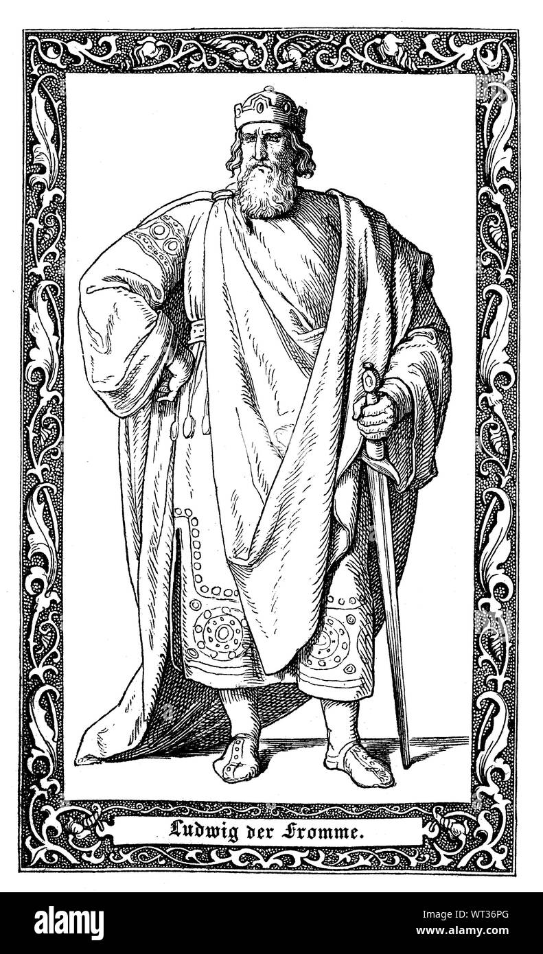Louis le Pieux, aussi appelé le juste, et la Debonaire, était le roi des Francs et co-empereur avec son père. Ludwig I. genannt Ludwig der Fromme, Louis le Pieux, 778 - 840., l'amélioration numérique reproduction d'une illustration du xixe siècle Banque D'Images