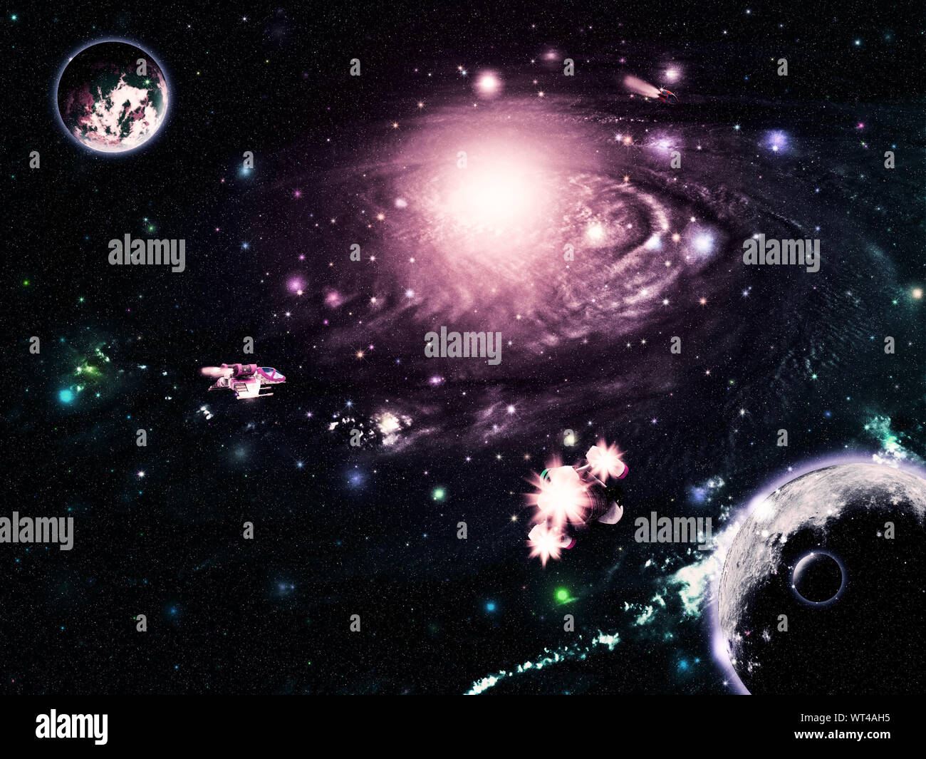 L'espace profond loin galaxie résumé avec les planètes et les vaisseaux spatiaux. Banque D'Images