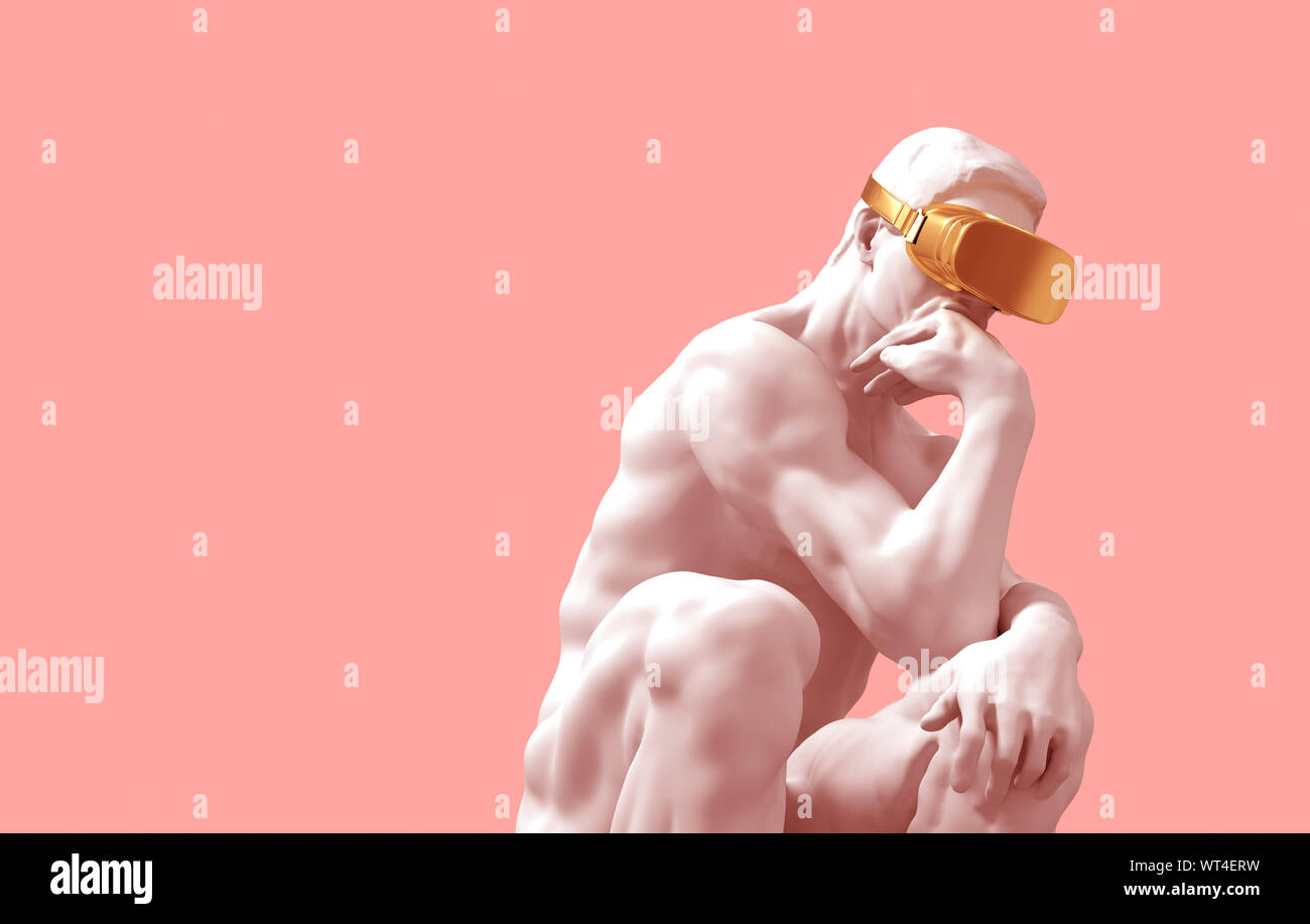 Avec lunettes VR penseur d'or sur fond rose. 3D Illustration. Banque D'Images