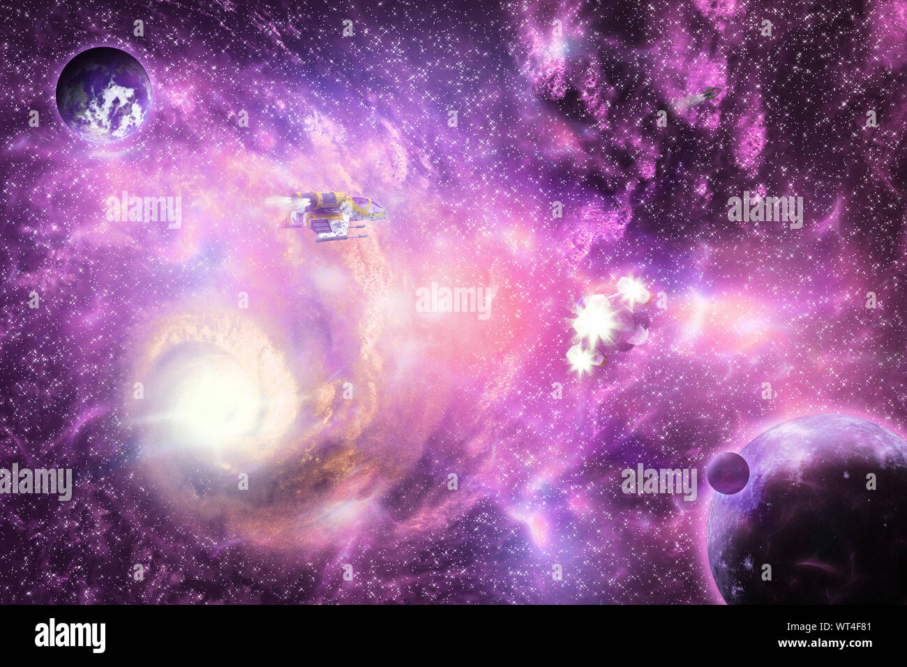 Illustration de l'espace galaxy de couleurs vives avec les planètes et les vaisseaux spatiaux. Banque D'Images