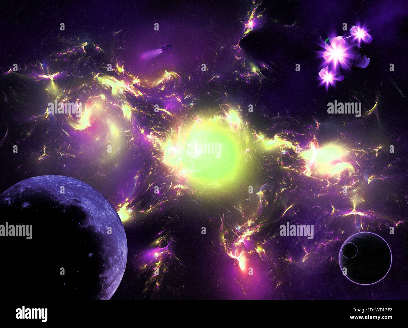 Illustration de l'espace galaxy colorés avec les planètes et les vaisseaux spatiaux. Banque D'Images