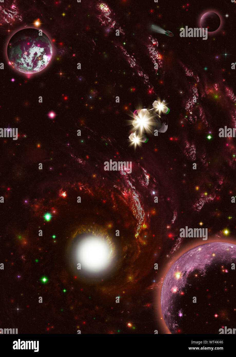 Deep Space fantasy galaxie loin avec les planètes et les vaisseaux spatiaux. Banque D'Images