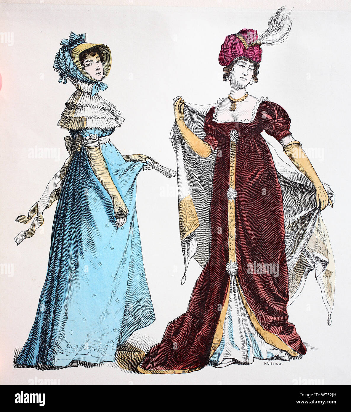 Costume national, des vêtements, de l'histoire des costumes, dame dans le  Drouillete et dame dans la robe du soir à l'impérial, en 1810, temps  Volkstracht, Kleidung, Geschichte der Kostüme, Dame dans der