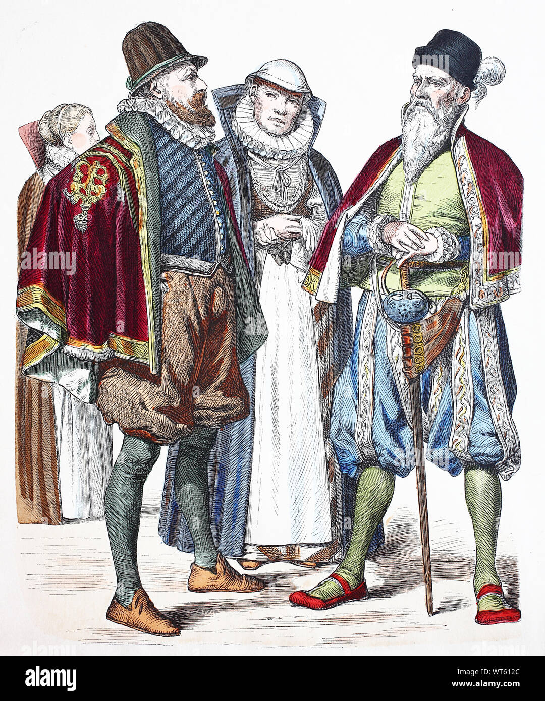 Costume national, des vêtements, de l'histoire des costumes, femme, de Rostock, conseiller et la femme de Wismar, l'homme de l'Dithmarsche, le costume national d'Allemagne, 16e siècle, Volkstracht, Kleidung, Geschichte der Kostüme, Frau aus Rostock, Ratsherr und Frau aus Wismar, Mann aus der Dithmarsche aus Deutschland, 2011, 16. Jahrhundert Banque D'Images