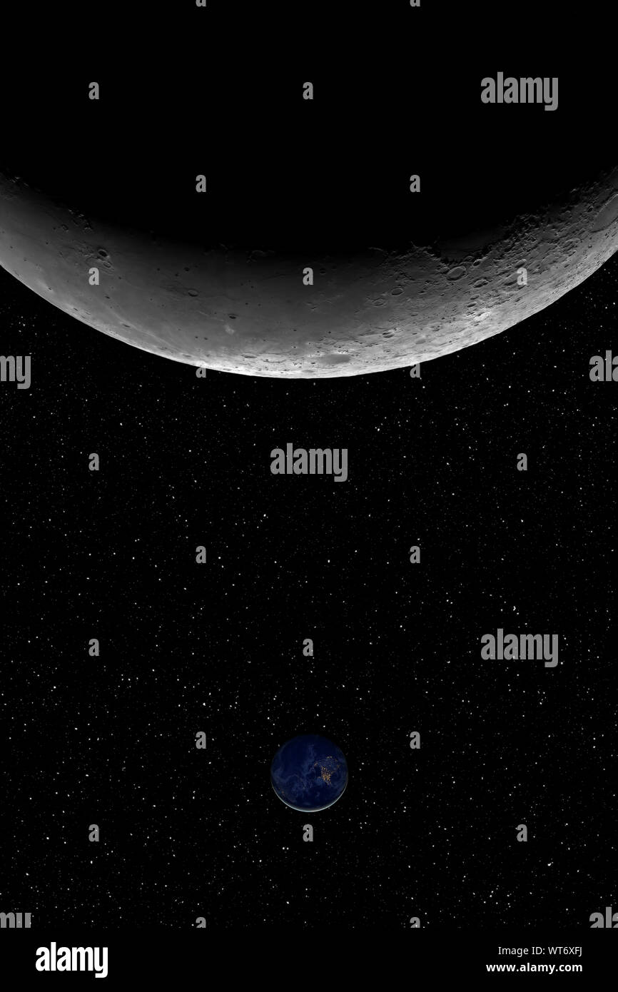 Libre de la lune et la petite planète Terre contre nuit étoilée fond de ciel, les éléments de cette image fournie par la NASA Banque D'Images
