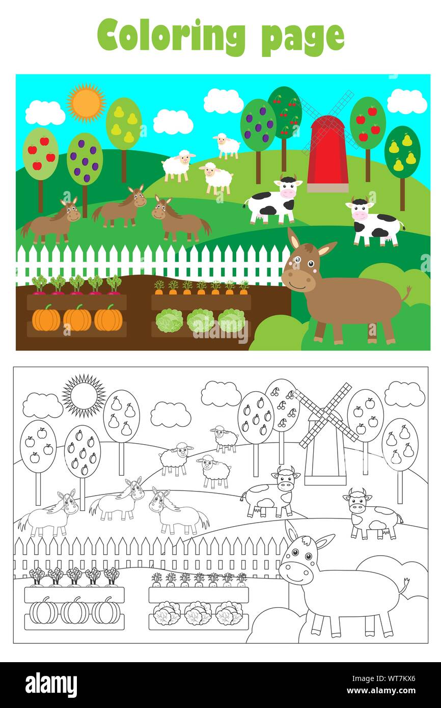 Les animaux de ferme et de jardin, style cartoon, coloriage, jeu de papier de l'éducation pour le développement des enfants, pour les enfants, activité préscolaire version Illustration de Vecteur