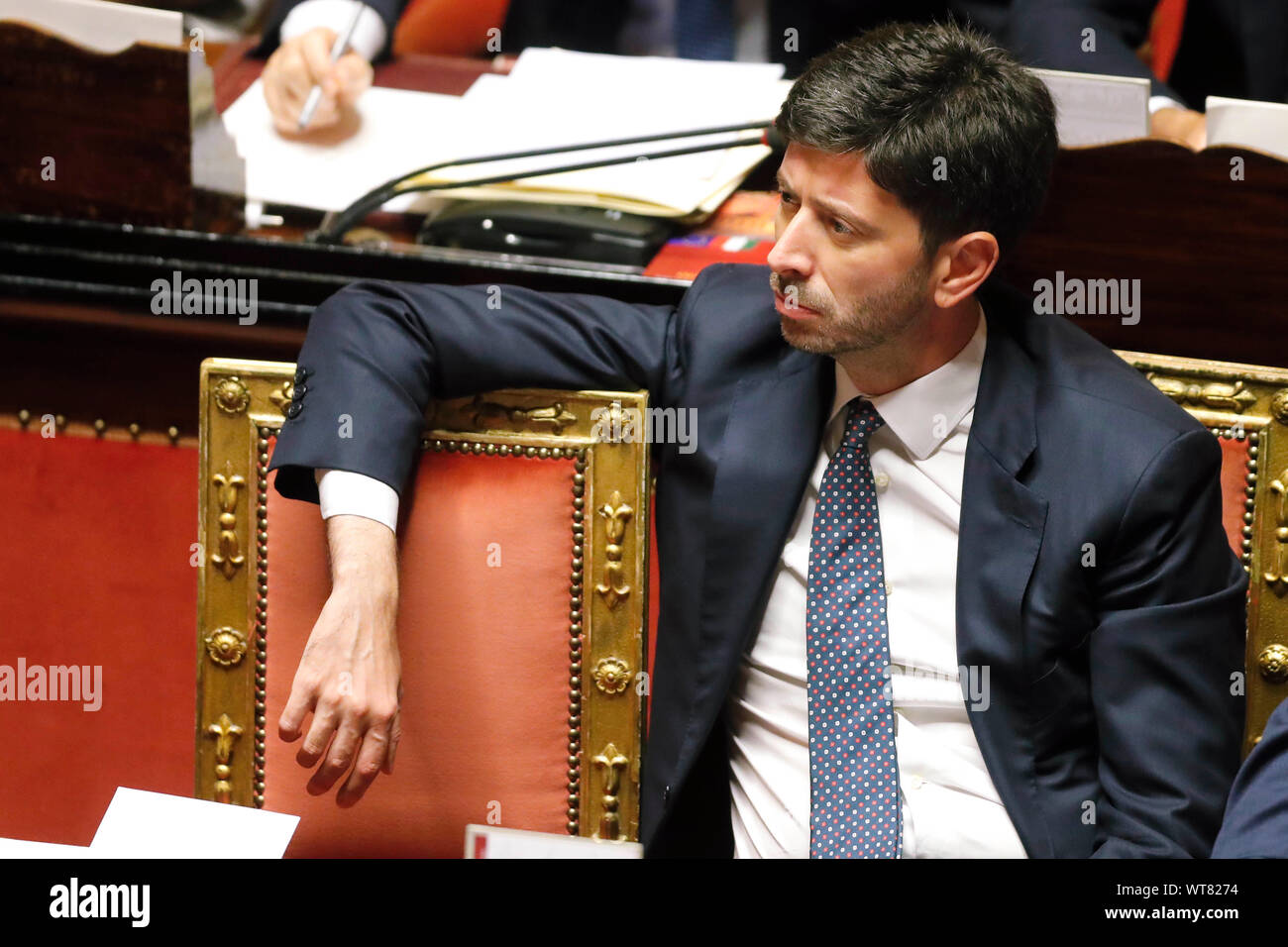 Italie, Rome, 10 Septembre 2019 : Sénat, Roberto Speranza, ministre de la santé, partecipates en vote de confiance pour le nouveau gouvernement de Giuse Banque D'Images