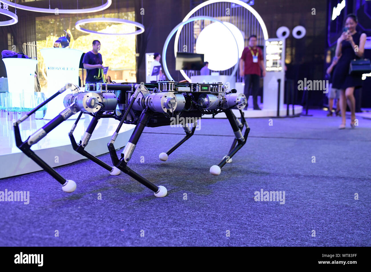 (190911) -- HANGZHOU, le 11 septembre 2019 (Xinhua) -- un robot hexapode afficher les visiteurs à une exposition technique salon transformé d'une vieille usine de chaudières à Hangzhou, capitale de la Chine de l'est la province du Zhejiang, le 11 septembre 2019. La quatrième Taobao Bouilloire Festival, un grand événement de Alibaba détient chaque année pour présenter la dernière création de jeunes designers chinois, aura lieu du 12 au 25 septembre. Plus de 1 000 produits provenant de quelque 400 boutiques Taobao seront exposés à cet événement. (Xinhua/Huang Zongzhi) Banque D'Images