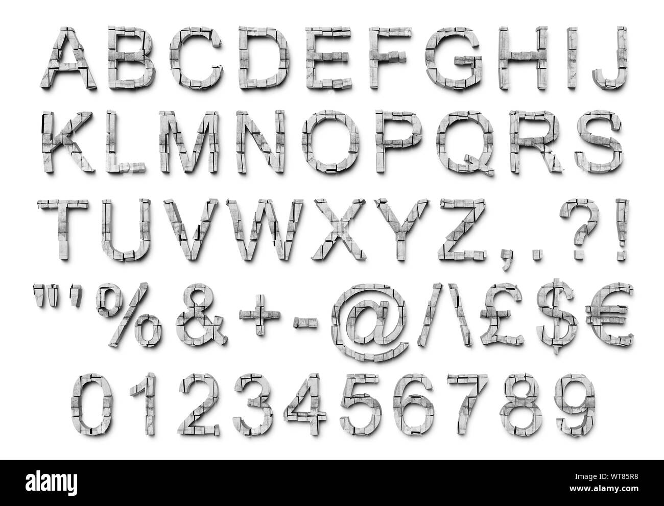 Les lettres, chiffres et symboles de l'alphabet en majuscules, béton concassé Banque D'Images