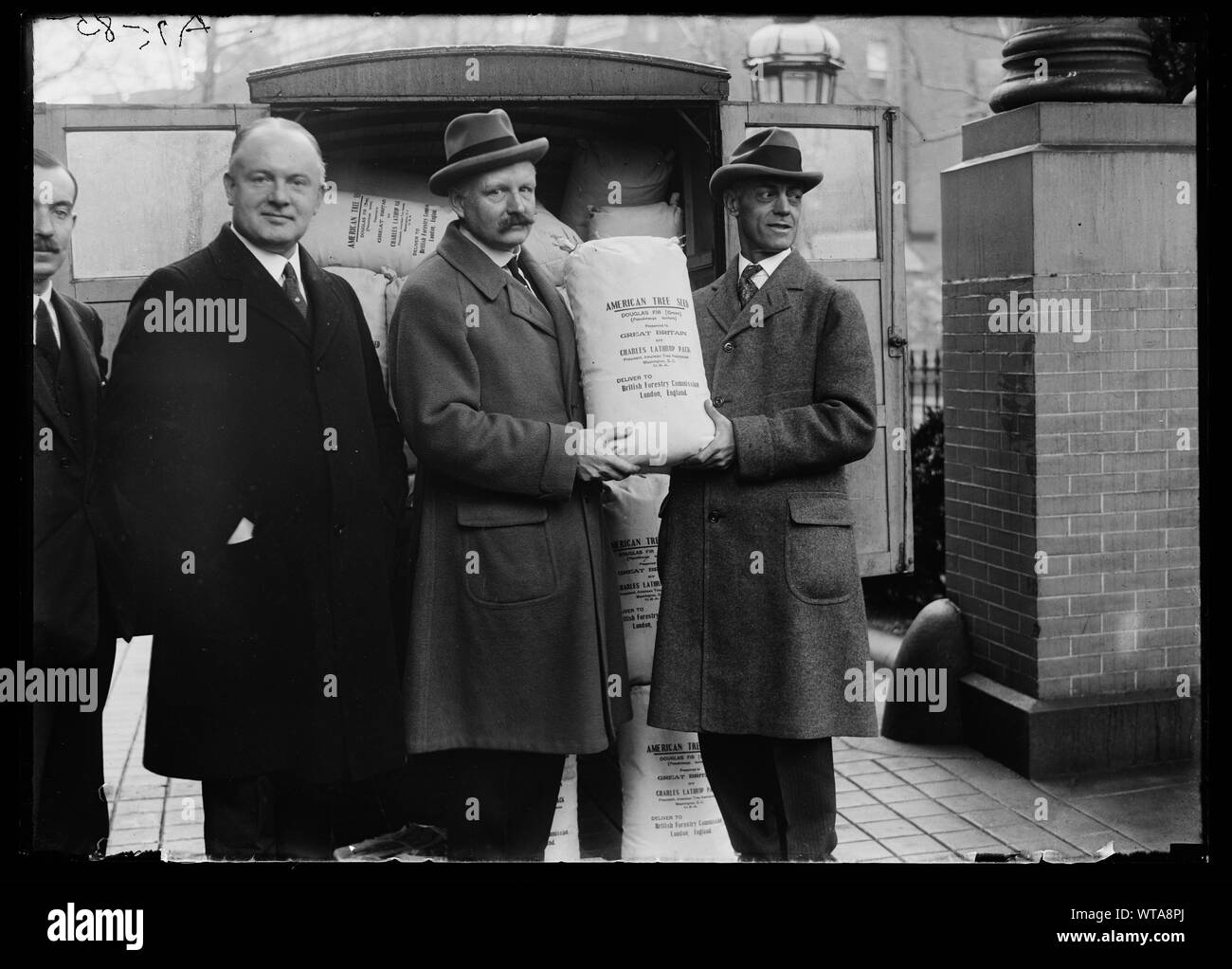 Les hommes avec des sacs : American Tree Seed, Douglas [...] présenté à la Grande Bretagne par Charles Lathrop Pack, Président de l'American Tree Association, Washington, D.C. Banque D'Images