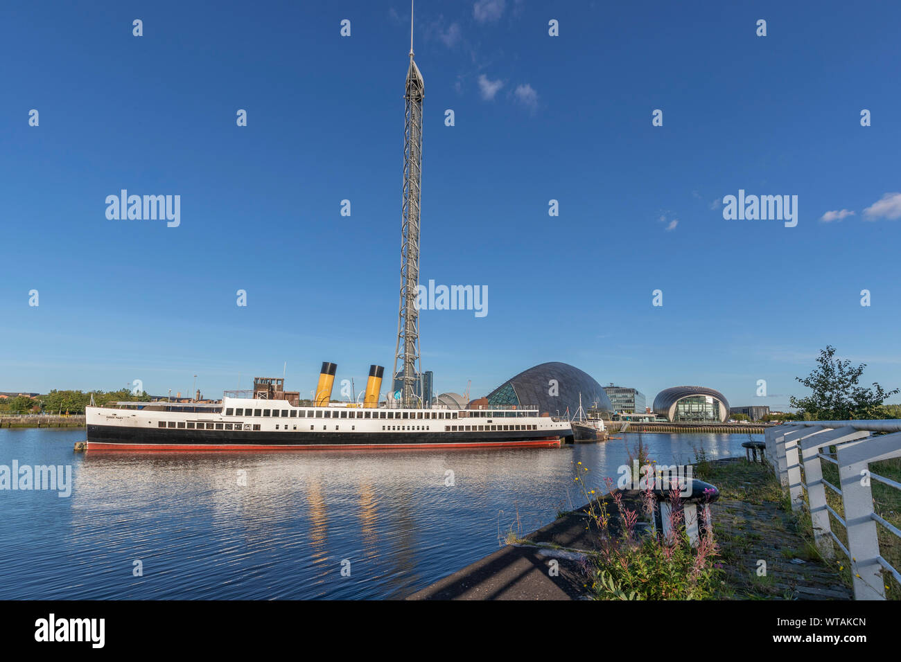 Bateau à vapeur TSS (Turbine) Queen Mary amarré sur la rivière Clyde au Musée des sciences et de la tour d'observation, Glasgow, Ecosse, Royaume-Uni. Banque D'Images