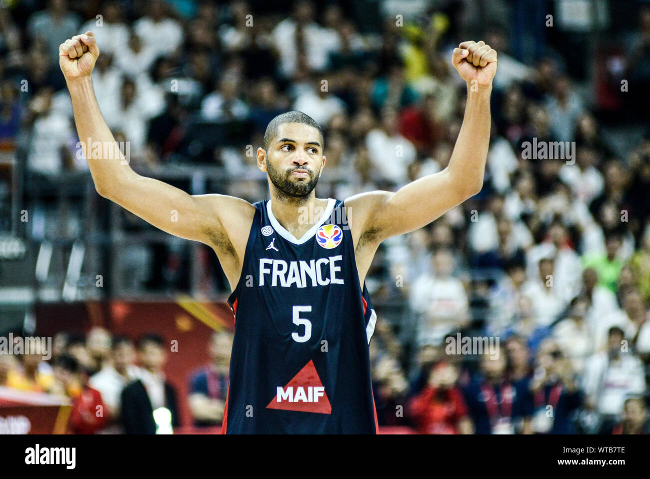 Nicolas Batum (France) célèbre la victoire sur les Etats Unis. Coupe du Monde de Basket-ball de la FIBA, Chine 2019, 1/4 de finale Banque D'Images