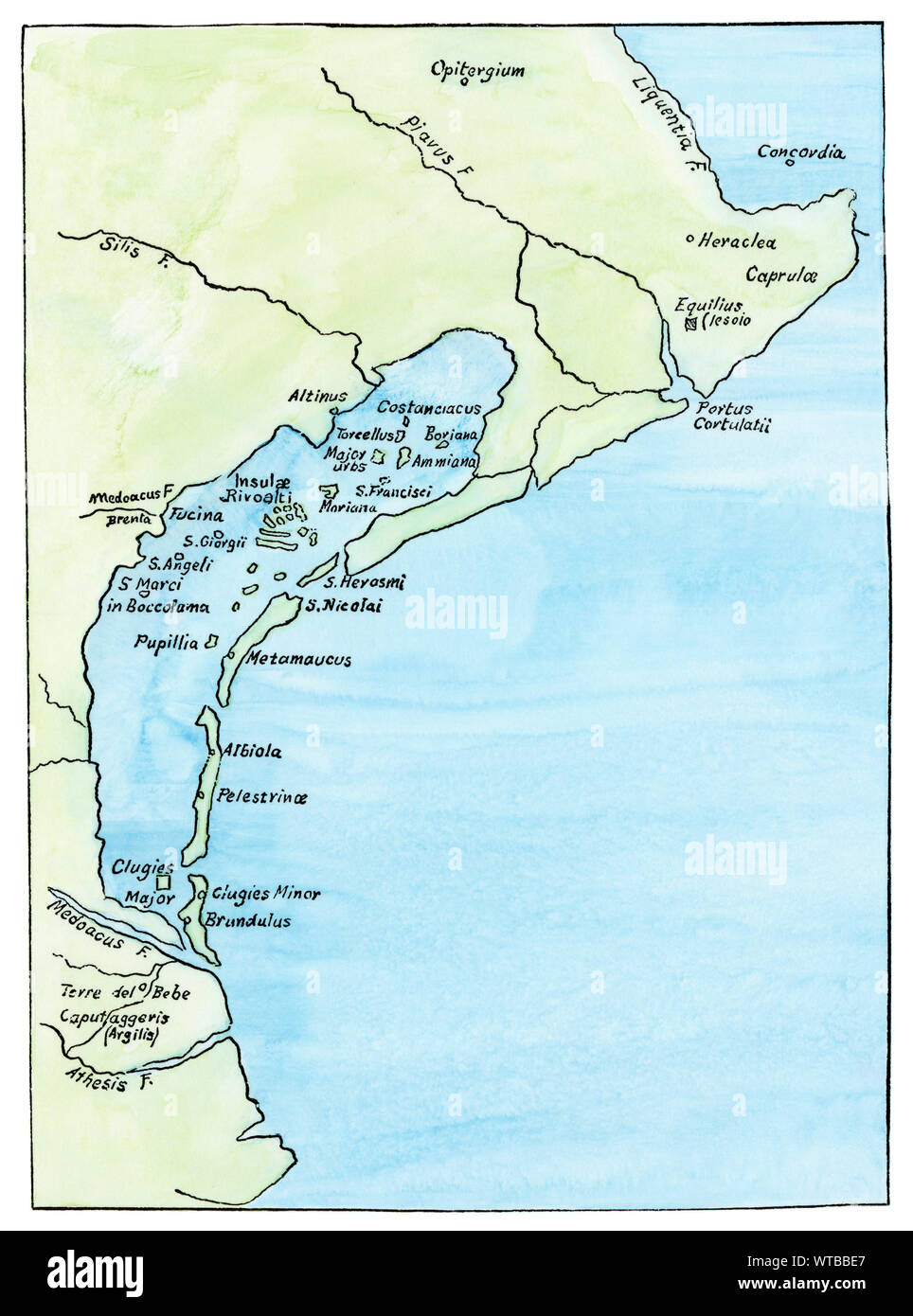 Carte montrant les lagunes de Venise, vers 1890. À la main, gravure sur bois Banque D'Images