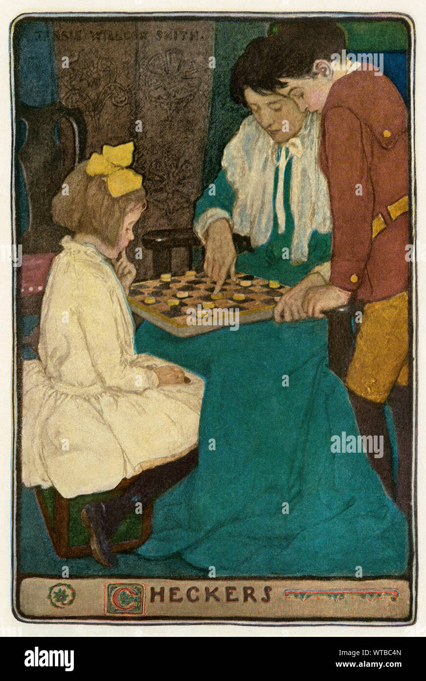 Mère jouer aux dames avec ses enfants, ch. 1900. Demi-teinte de couleur d'une illustration Jessie Wilcox Smith Banque D'Images