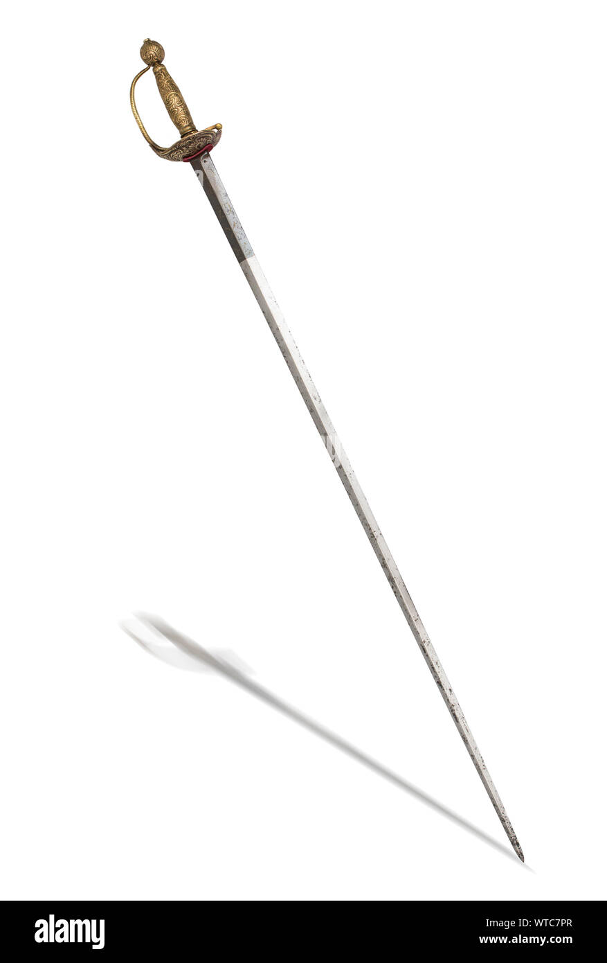 'Shortswsord à garde dorée, Ca, 17ème siècle. Couteau à double lame pointu en forme de losange aplati de bleuissement et doré avec gravage en forte. Banque D'Images