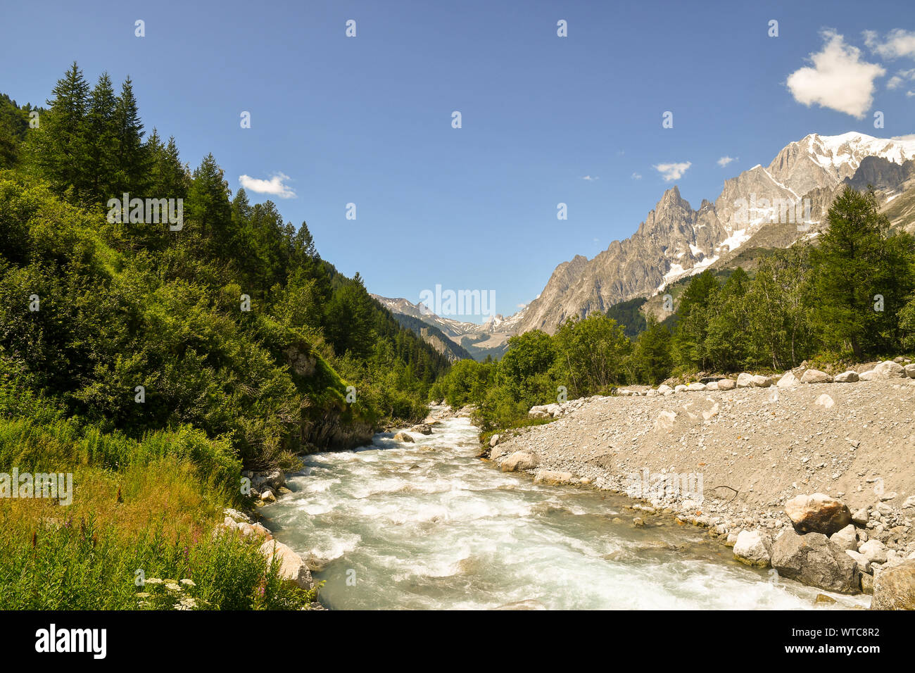 Paysage de montagne avec la rivière Dora dans la vallée Val Ferret avec le Mont Blanc et Aiguille Noire pics dans l'arrière-plan en été, Courmayeur, Italie Banque D'Images