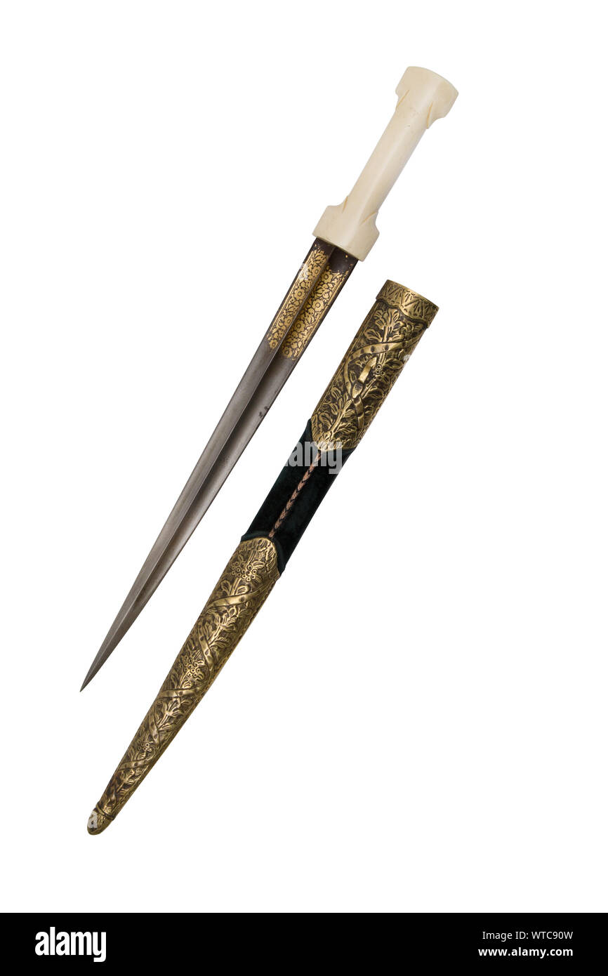 Islamique ottoman turque dague perforant du 18ème siècle avec quatre Damas wootz fullers profonde/lame en acier avec de l'or koftgari à forte, solide Banque D'Images