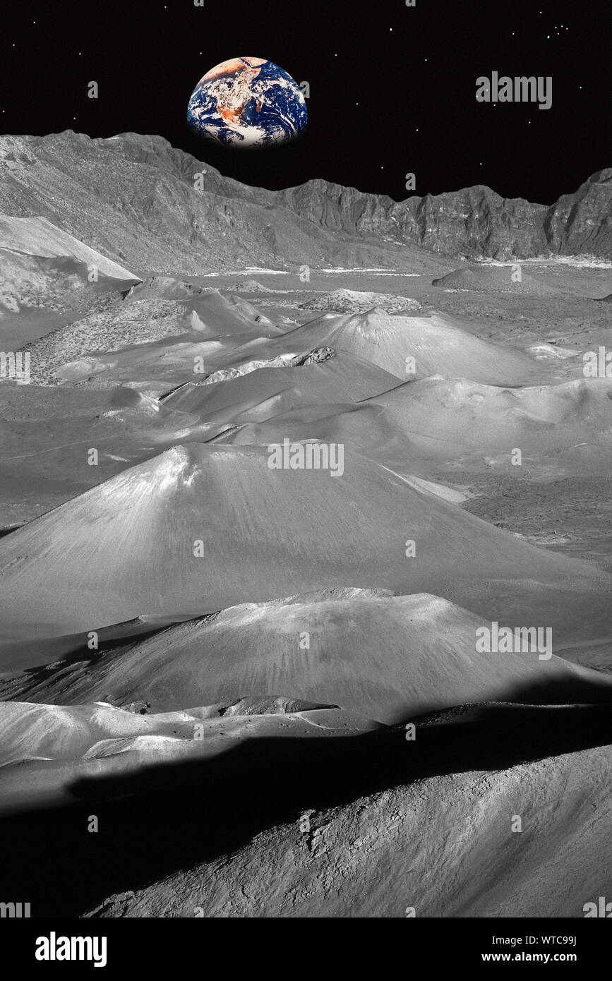 Paysage lunaire avec la terre à l'Horizon (créé numériquement) Banque D'Images
