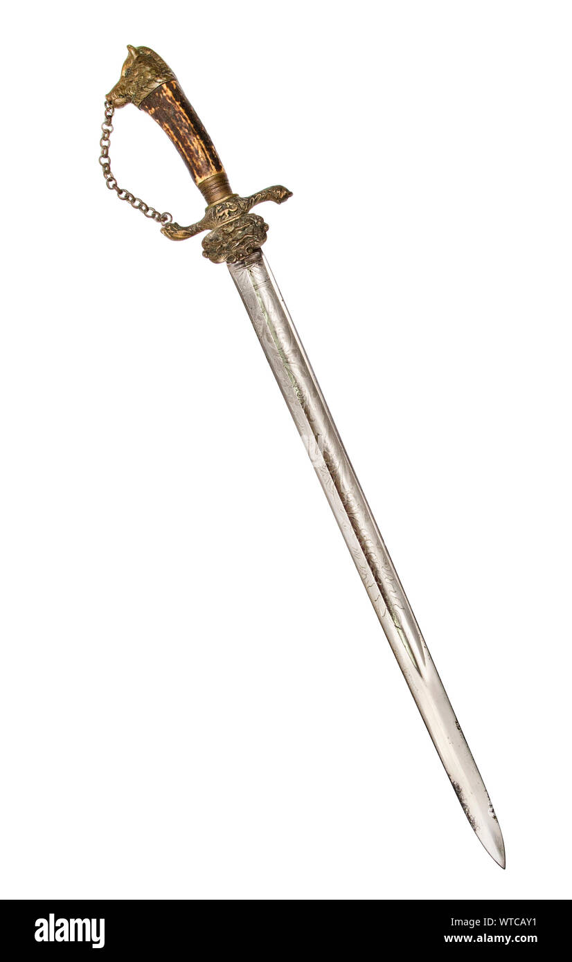 L'allemand Messer dague de chasse sanglier épée 1700-1800 forsetry service avec la lame droite décorée de gravure. Banque D'Images