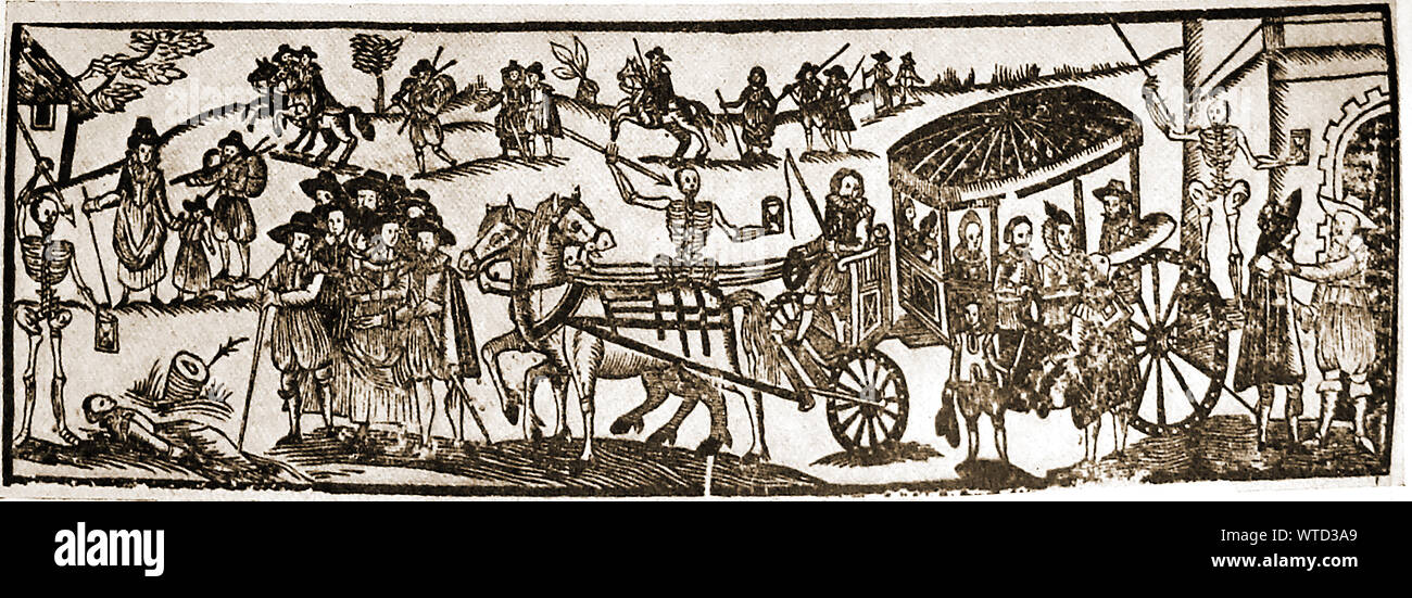 La médecine du 17ème siècle en Grande-Bretagne - une illustration de 1630 riches et pauvres fuyant d'épidémies de la peste, randonnée pédestre, équitation et en car. Squelettes sont autour d'eux qui signifie la maladie et on en tire la cloche de la sonnerie d'un manoir ou château de la porte (à droite), tandis qu'une femme morte se trouve sur la route (à gauche). Au centre un skelton détient les sables du temps . Banque D'Images