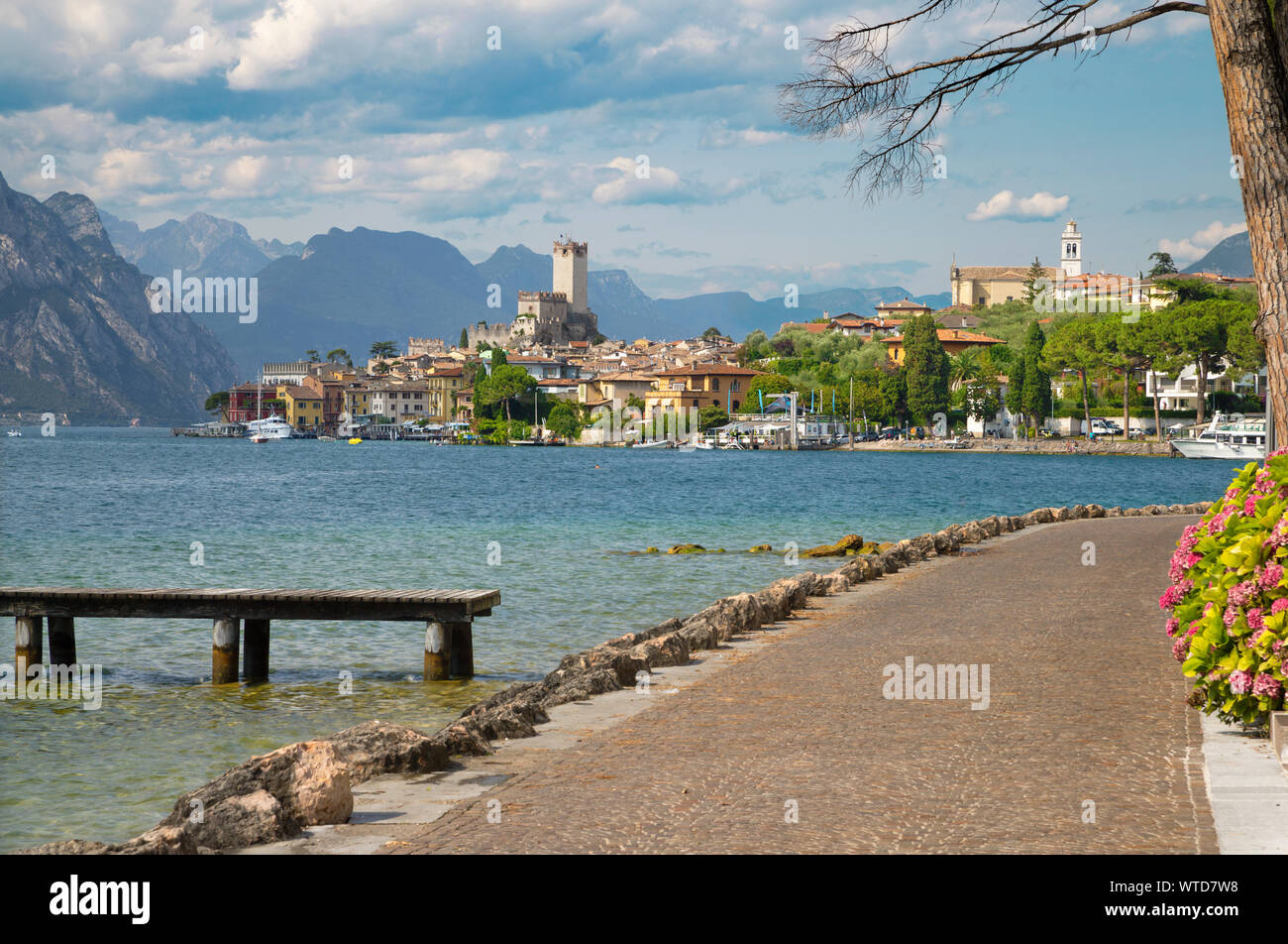 Malcesine - La promenade sur le Lago di Garda Lake avec la ville et le château en arrière-plan. Banque D'Images