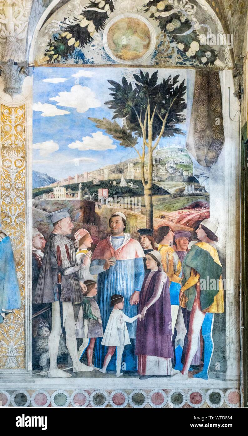 Réunion du Prince Cardinal Ludovico avec son fils Francesco, fresque d'Andrea Mantegna, 1465-1474, Renaissance, Photo degli Sposi, Castello di San Banque D'Images