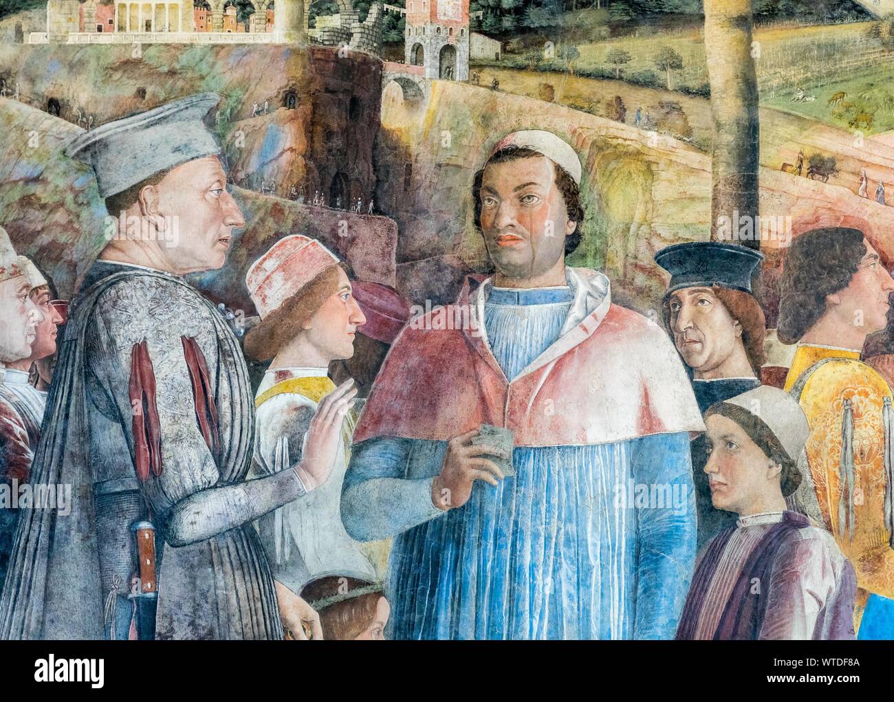 Réunion du Prince Cardinal Ludovico avec son fils Francesco, fresque d'Andrea Mantegna, 1465-1474, Renaissance, Photo degli Sposi, Castello di San Banque D'Images