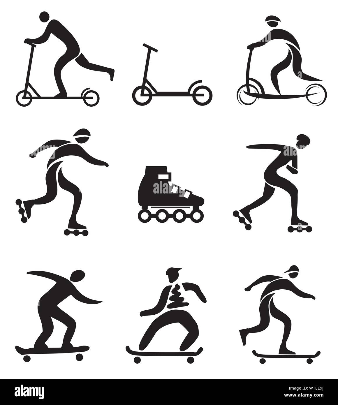 Scooter en ligne skateboard icônes noires. Ensemble de symboles stylisés noirs.Vector disponibles. Illustration de Vecteur
