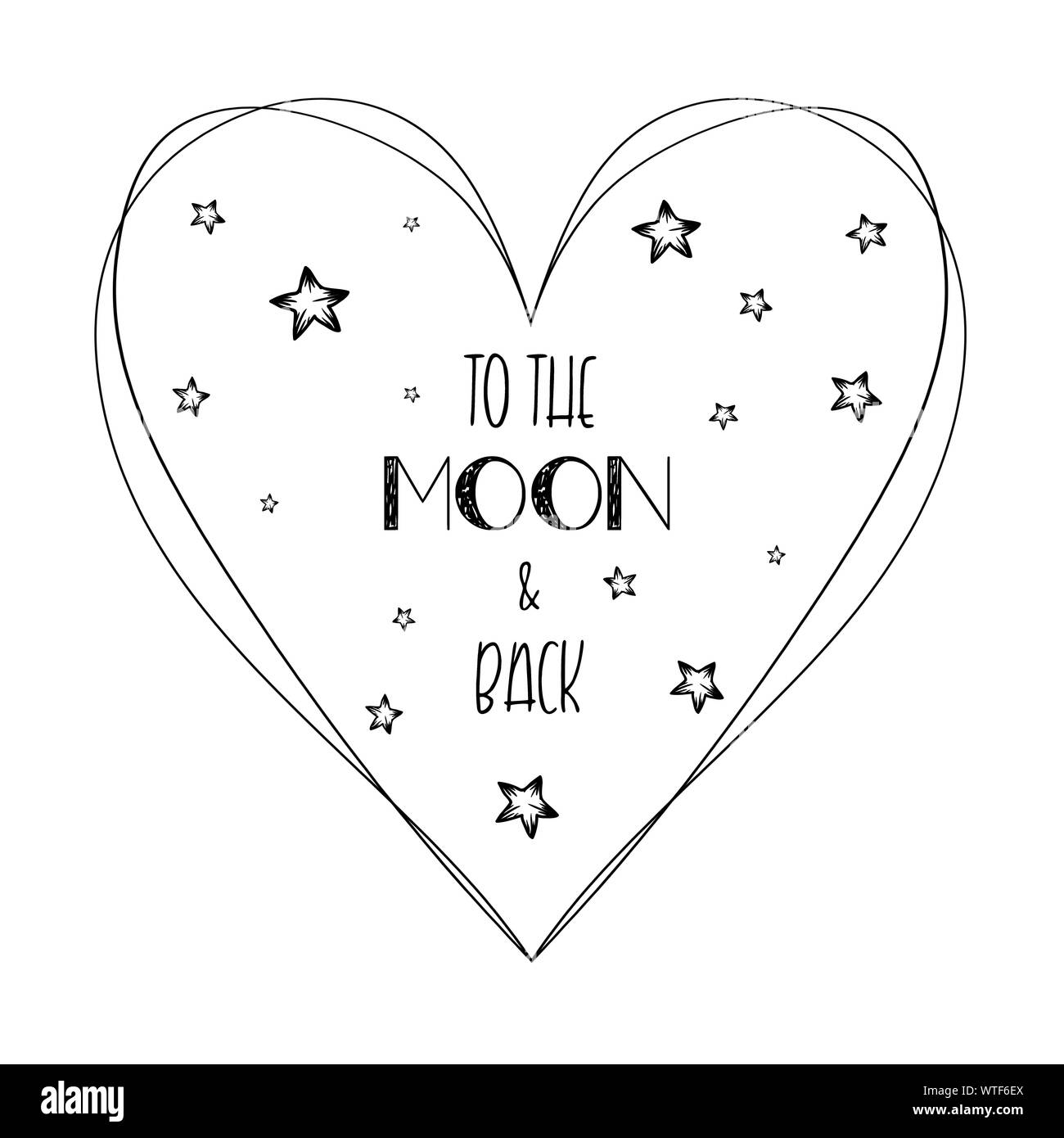 Citation romantique aime à la lune et retour croquis minimaliste composition lettrage. Design typographie dessiné à la main avec le coeur, les étoiles et le texte callig Banque D'Images