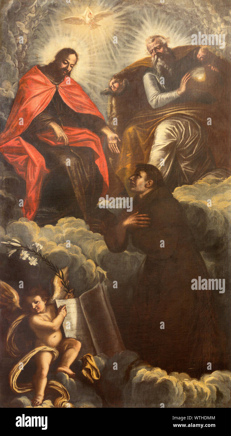 ARCO, ITALIE - juin 8, 2018 : la peinture de Saint Antoine de Padoue et Sainte Trinité dans l'église Collegiata dell'Assunta par artiste inconnu. Banque D'Images