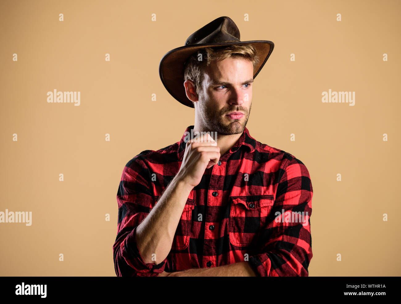 Beau macho barbu. American Cowboy. Norme de beauté. Exemple d'une véritable masculinité. Port de Cowboy hat. La vie dans l'Ouest. Homme cowboy non rasé beige background. Guy non rasé en chapeau de cowboy. Banque D'Images