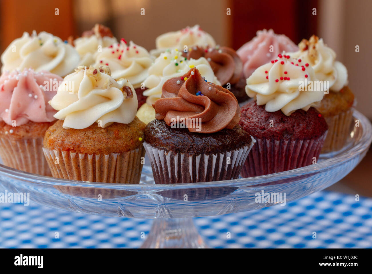 Cupcakes sur un plateau en verre sur une nappe à carreaux bleu comme vu du dessus. Cupcakes multicolores avec velours rouge, vanille, chocolat, citron, et str Banque D'Images