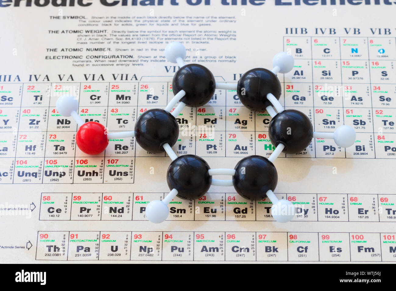 Tableau périodique des éléments avec bille en plastique et le bâton, modèle d'une molécule (phénol C6H5OH), illustré avec kekule structure. Banque D'Images