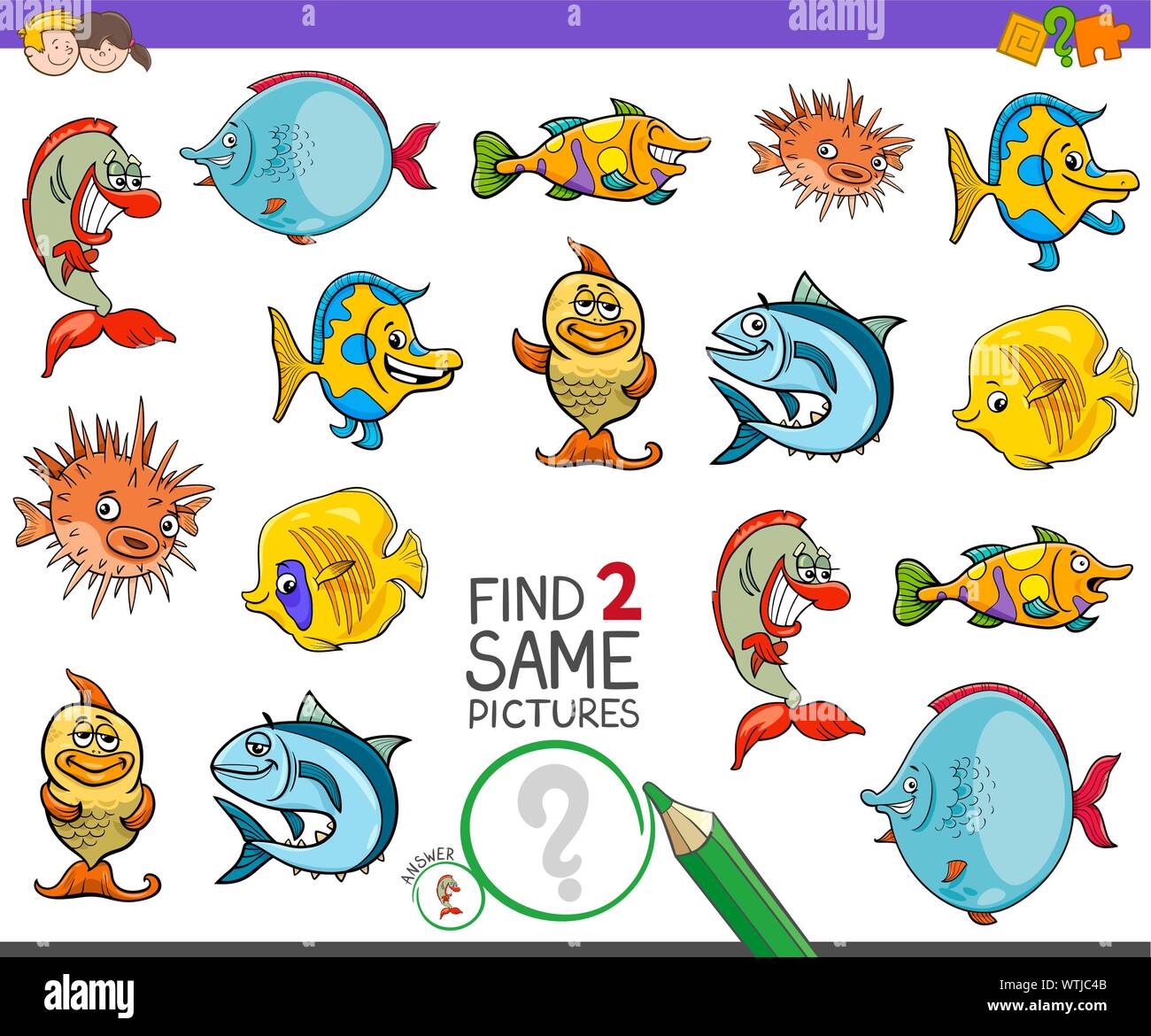 Cartoon Illustration de trouver deux mêmes images Jeu d'activités éducatives pour les enfants ayant des caractères des animaux poissons drôles Illustration de Vecteur