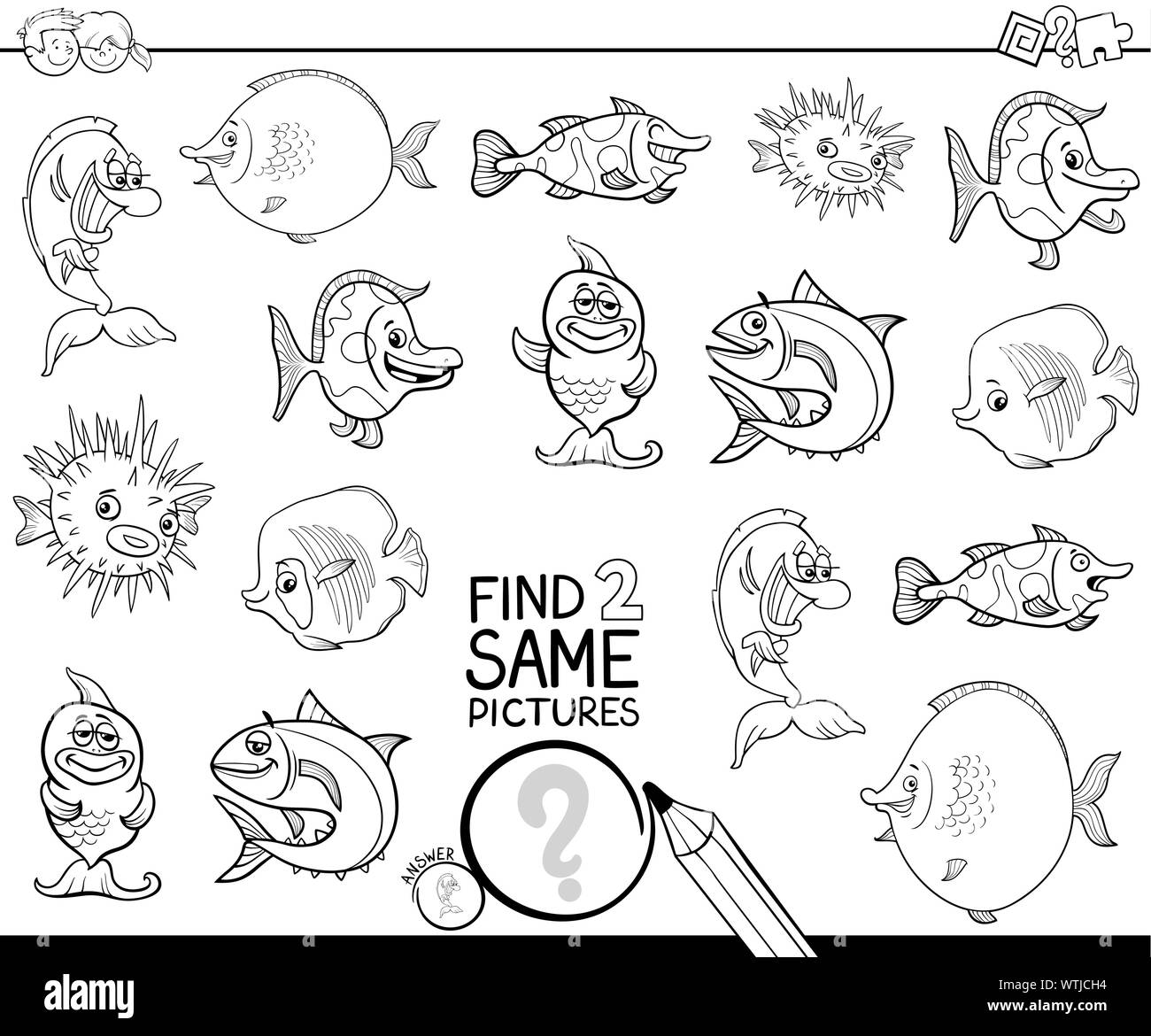 Cartoon noir et blanc Illustration de trouver deux mêmes images Jeu d'activités éducatives pour les enfants avec drôle Animal Poisson Coloriage Personnages Bo Illustration de Vecteur