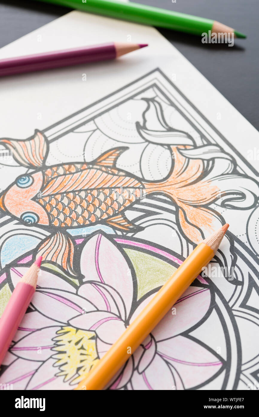 Crayons de couleur sur la page de coloriage Banque D'Images
