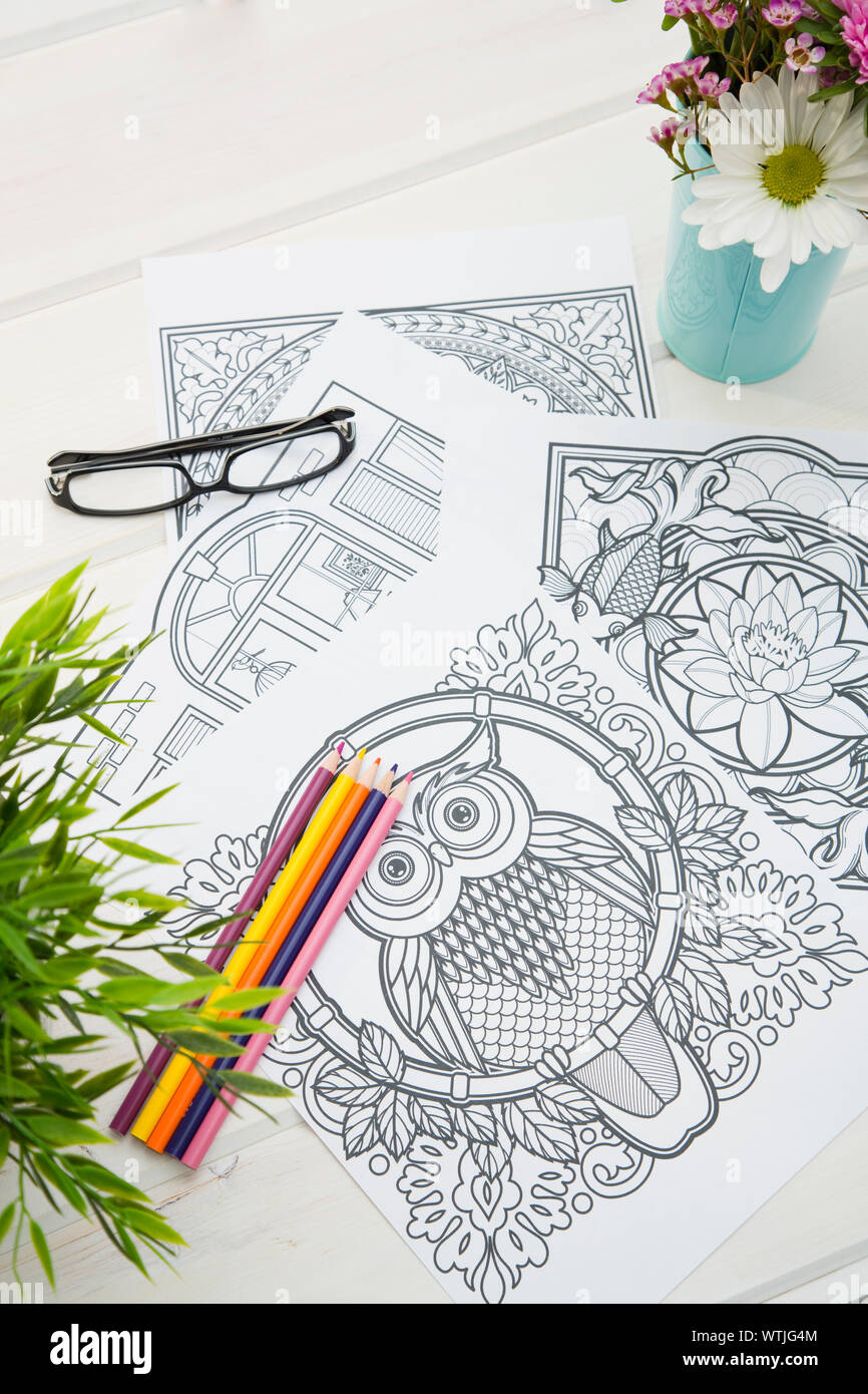 Crayons de couleur sur la page de coloriage Banque D'Images