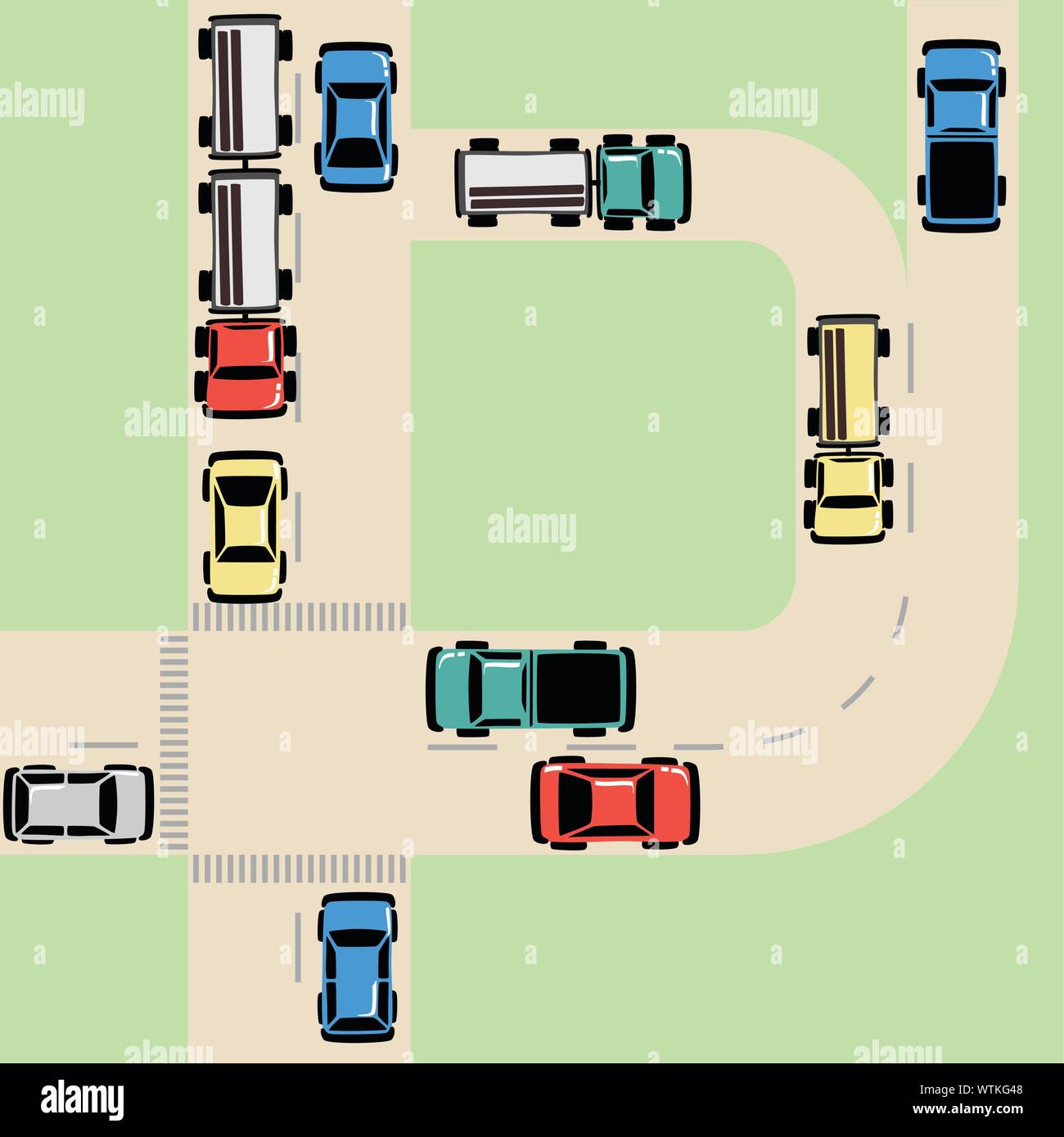 Carte de trafic avec des voitures et camions sur route à l'intersection, regroupées et stratifiés Illustration de Vecteur