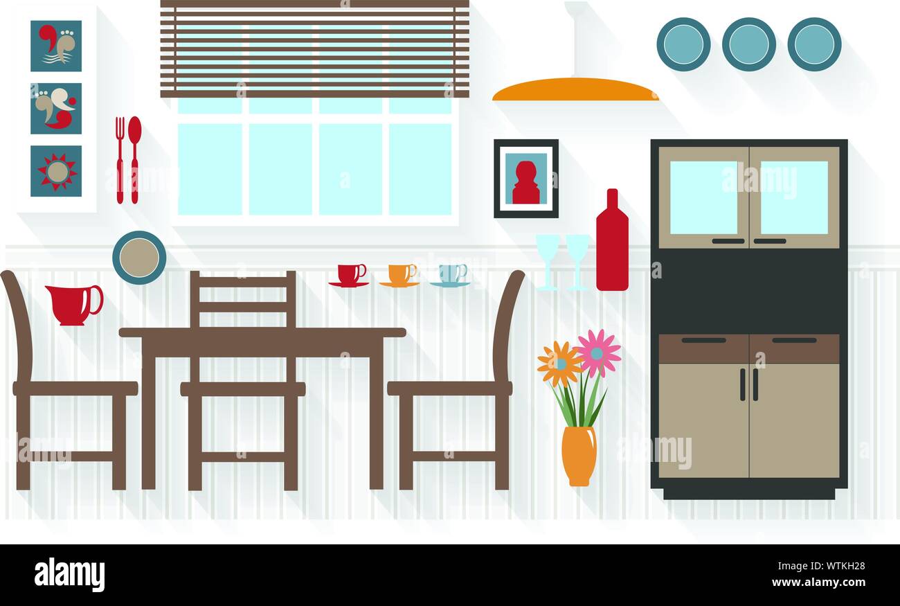 Icônes télévision Meubles de salle à manger avec table et chaises - tous de longues ombres sur un calque - mélanges contient Illustration de Vecteur