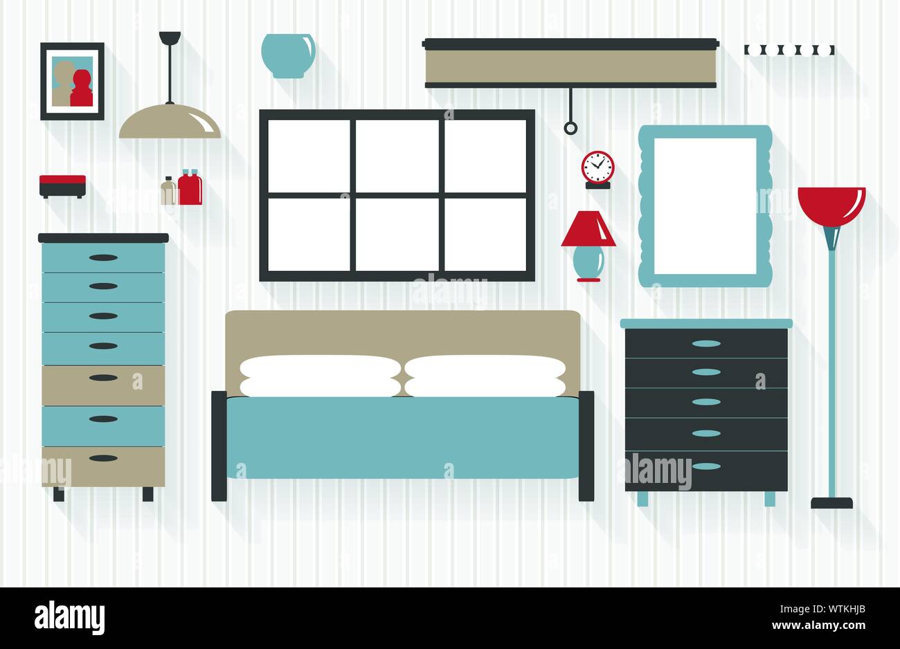 Meubles de chambre à coucher principale avec tiroirs lit et télévision Icons - toutes les grandes ombres sur un calque - mélanges contient Illustration de Vecteur