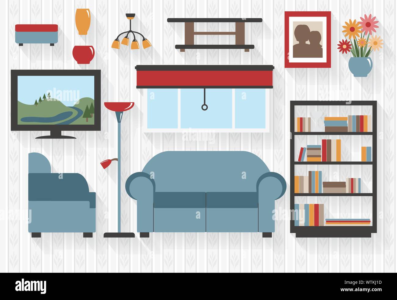 Mobilier de salon télévision avec un canapé et une bibliothèque d'Icônes - toutes les grandes ombres sur un calque - mélanges contient Illustration de Vecteur